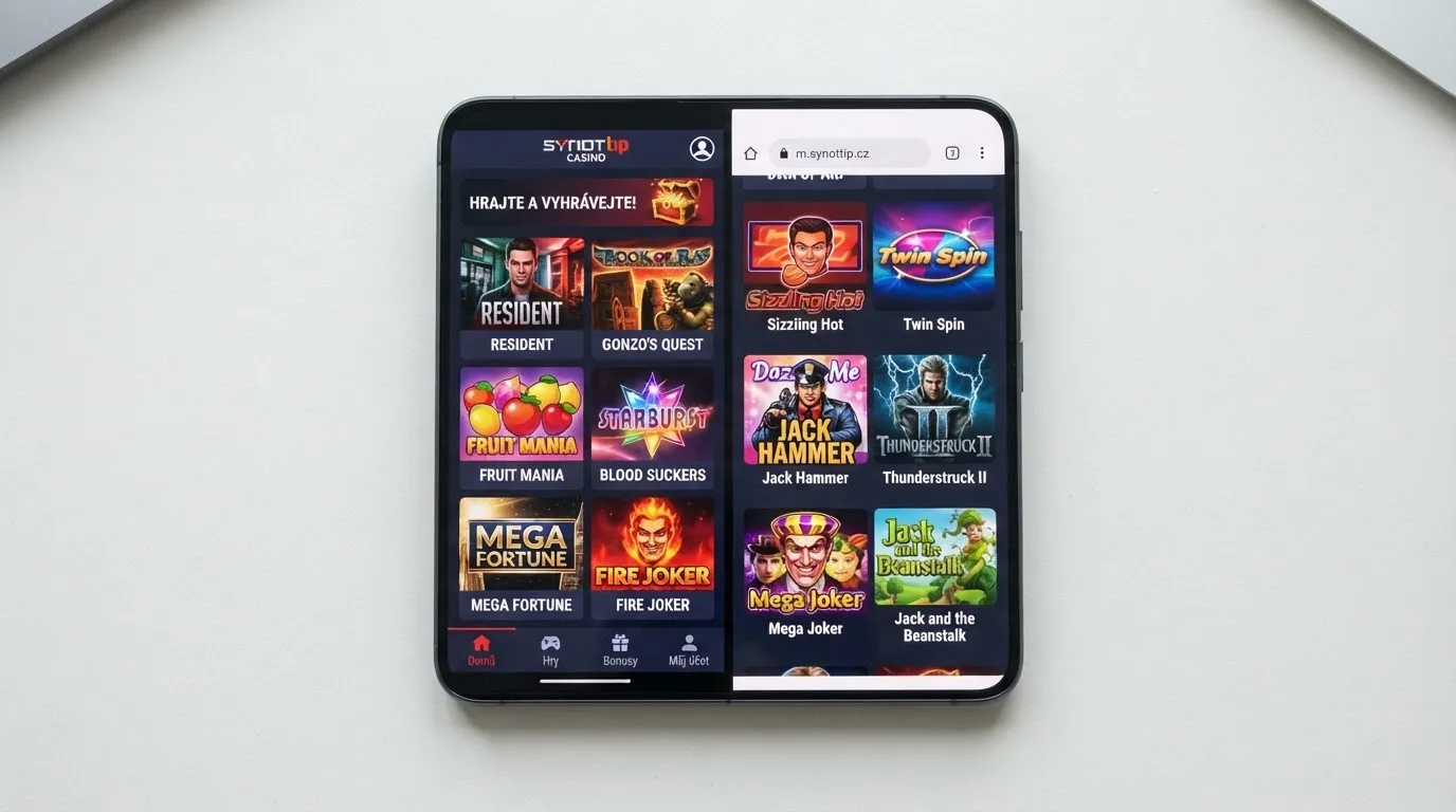 Telefon zobrazující vedle sebe nativní casino aplikaci a stejné casino otevřené v mobilním prohlížeči.