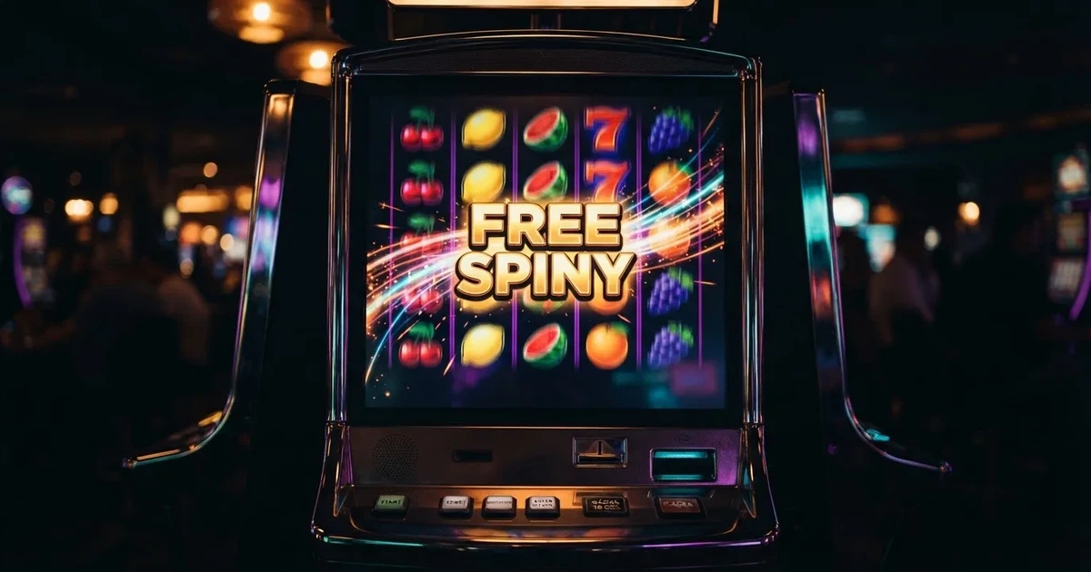 Hrací automat s roztočenými válci, na displeji zvýrazněná nabídka bezplatných zatočení a nápis „free spiny“ — ilustrační snímek
