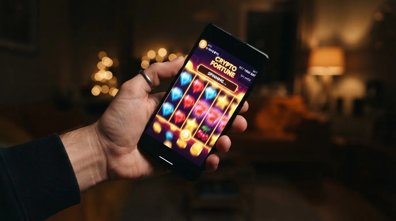 Roztočené válce online automatu s ikonou BTC na displeji, v pozadí rozhraní hry
