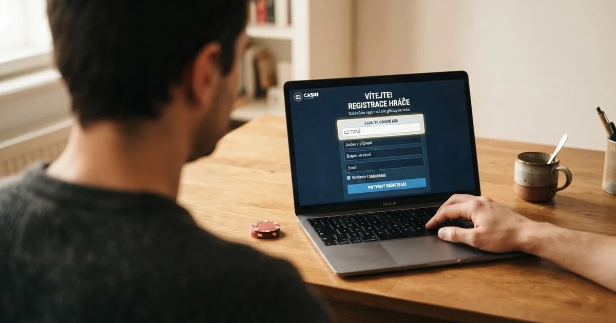 Hráč zadává promo kód do registračního formuláře online casina na obrazovce notebooku, vedle leží občanský průkaz připravený k ověření totožnosti