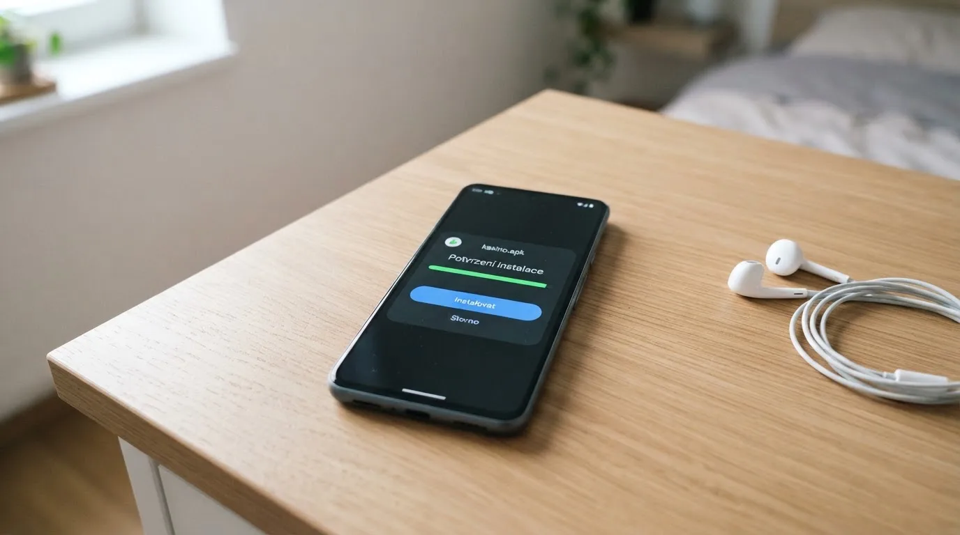 Mobilní telefon s obrazovkou zobrazující stažený APK soubor casino aplikace a tlačítko instalace