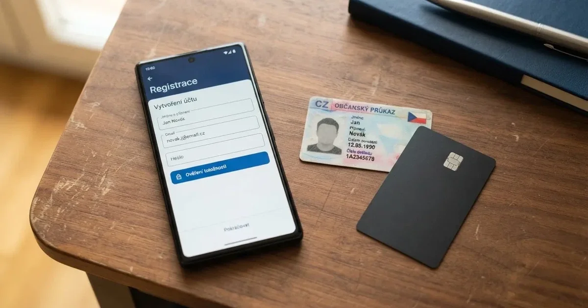 Mobilní telefon zobrazující registrační formulář online casina s polem pro ověření totožnosti, vedle něj občanský průkaz a platební karta