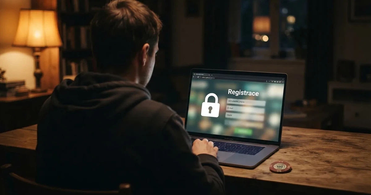Hráč u notebooku na stránce online casina, na obrazovce nápis „Registrace“ a vedle něj symbol zámku.
