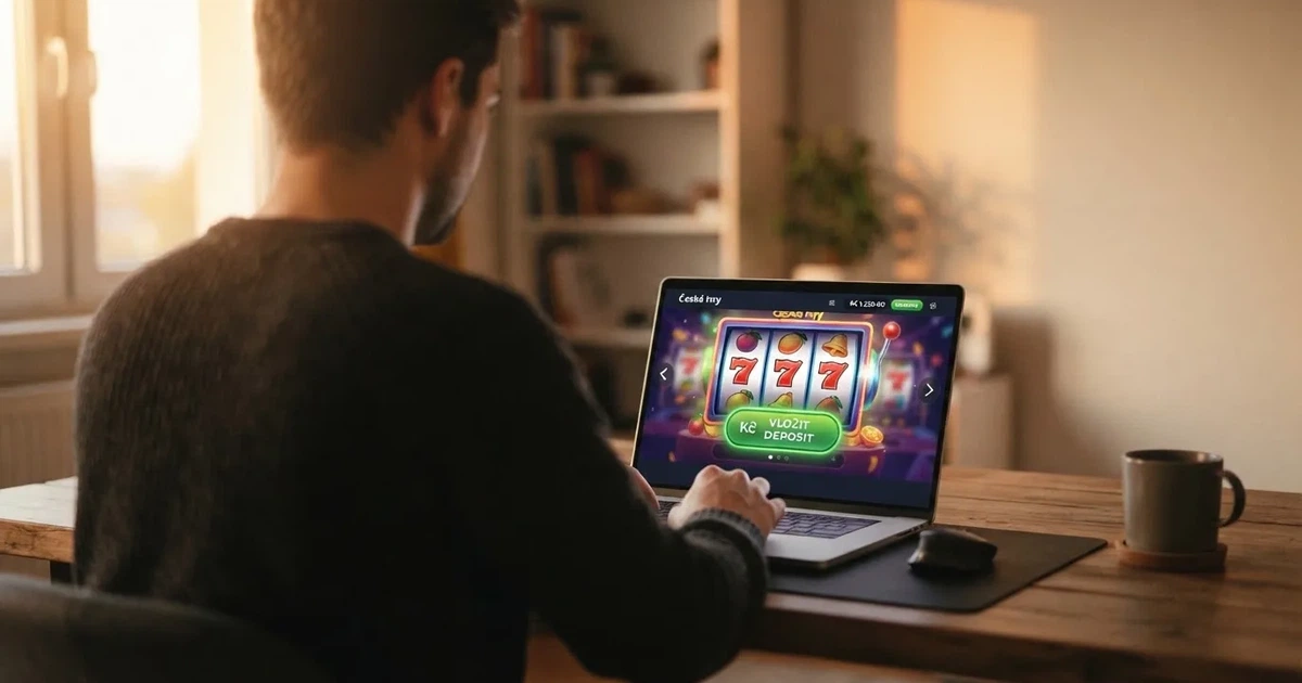 Rozhraní licencovaného českého online casina s tlačítkem pro vklad a náhledem herních automatů