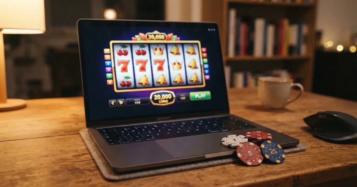 České online casino na obrazovce notebooku s mincemi v hodnotě 200 Kč vedle klávesnice