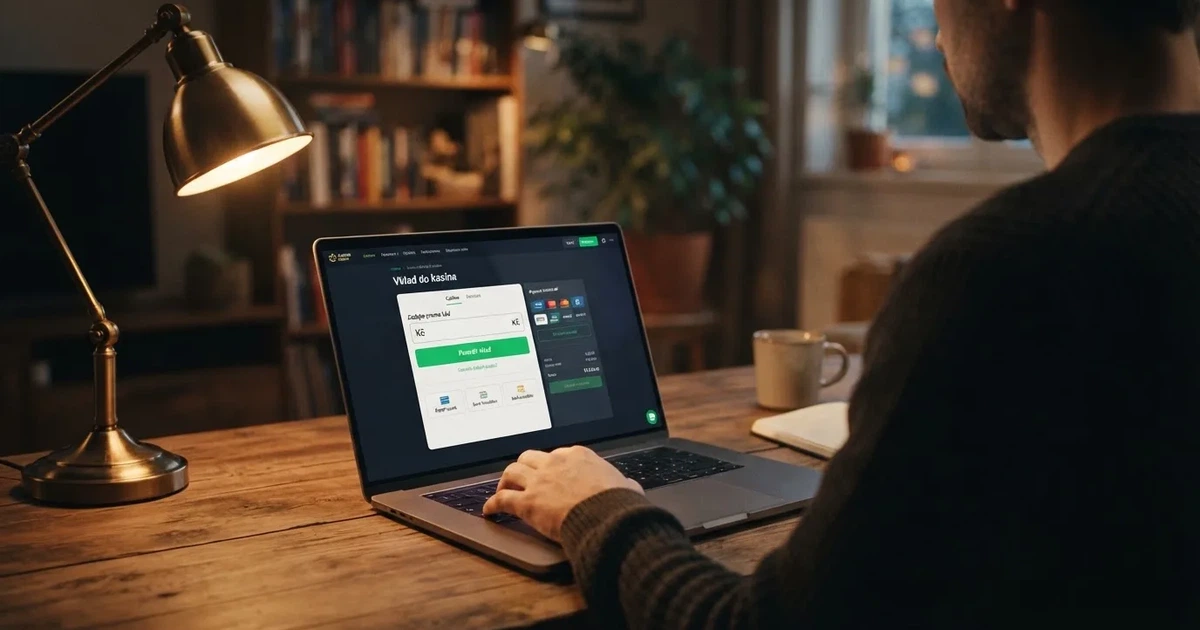 Hráč zadává promo kód do pole v pokladně online casina na notebooku, na obrazovce je vidět české casino rozhraní s tlačítkem pro ověření kódu.