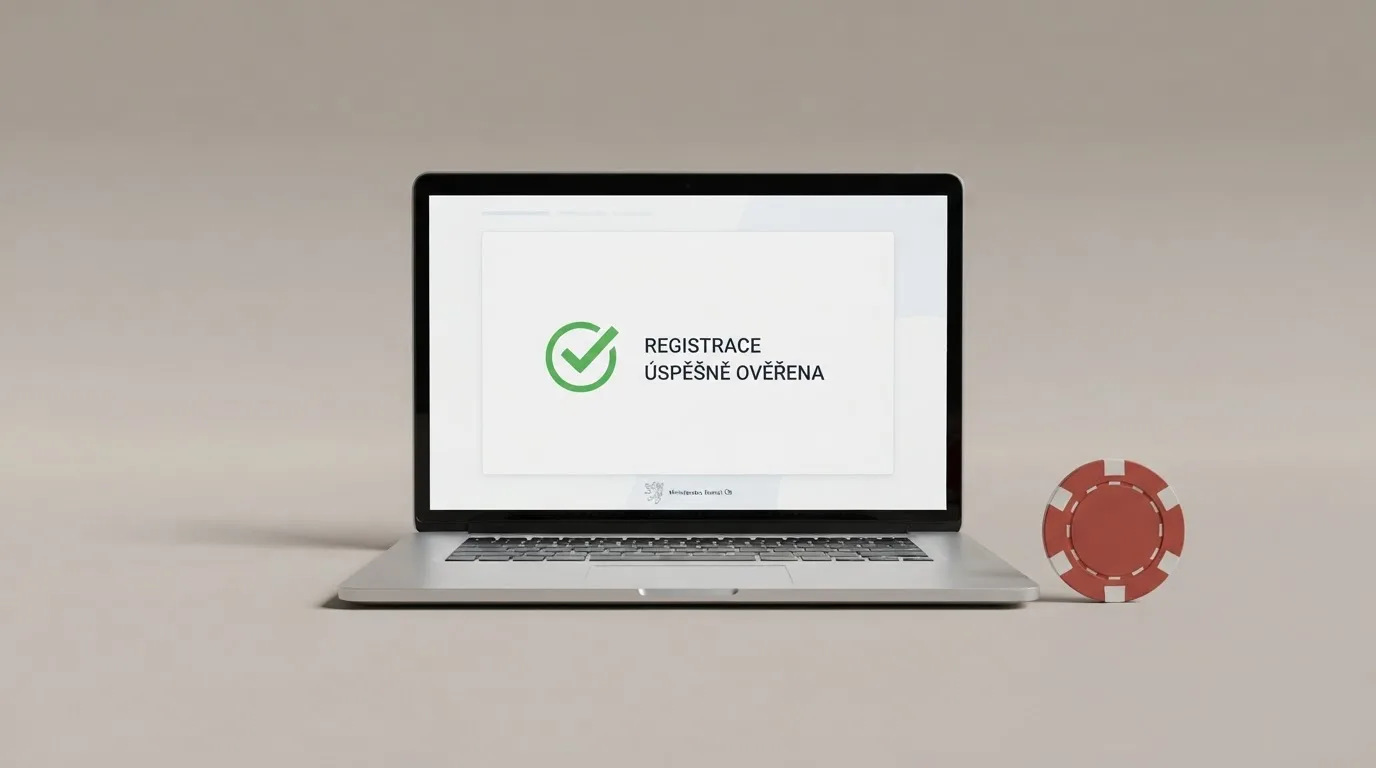 Úřední dokument s razítkem Ministerstva financí ČR vedle herního automatu na monitoru — kontrast regulace a hazardu