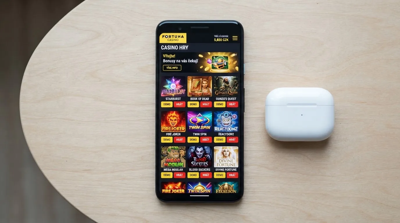 Mobilní telefon s otevřenou casino aplikací z Google Play — na obrazovce výběr automatů s tlačítky „Demo“ a „Hrát“