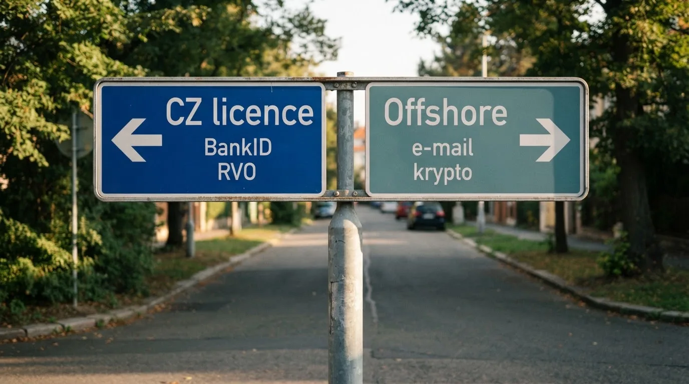 Rozcestník se dvěma směrovkami: vlevo „CZ licence — MF ČR, BankID, RVO, CZK“, vpravo „Offshore — Curaçao, e-mail, krypto, žádné RVO“