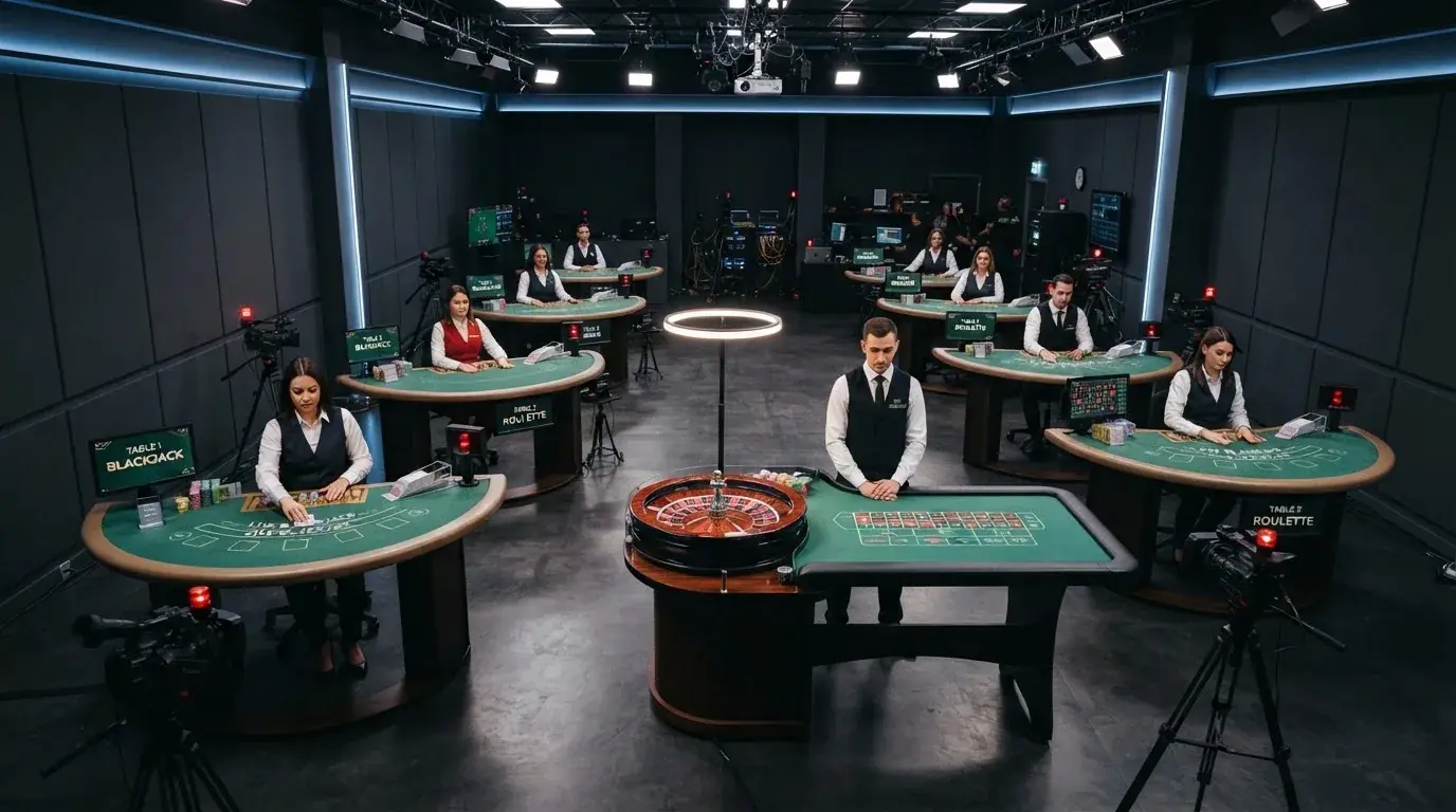 Interiér profesionálního studia Evolution s několika živými stoly, krupiéry u rulety a blackjacku, osvětlené studio s kamerami