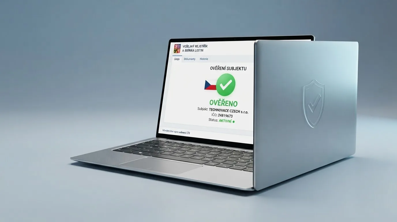 Obrazovka s webovým rozhraním veřejného registru Ministerstva financí ČR, vedle logo licencovaného online kasina s českou vlaječkou