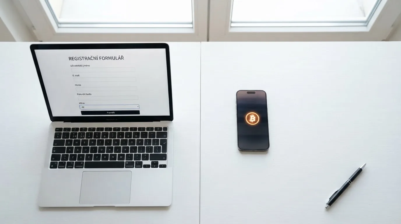 Úřední dokument s razítkem MF ČR vedle obrazovky s nápisem Bitcoin casino a otazníkem