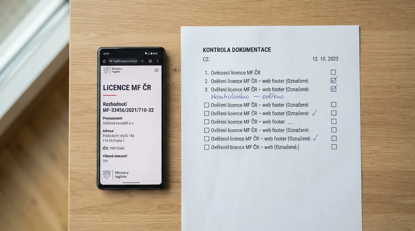 Obrazovka s patičkou webu casina, kde je zobrazeno číslo licence MF ČR, vedle logo Ministerstva financí