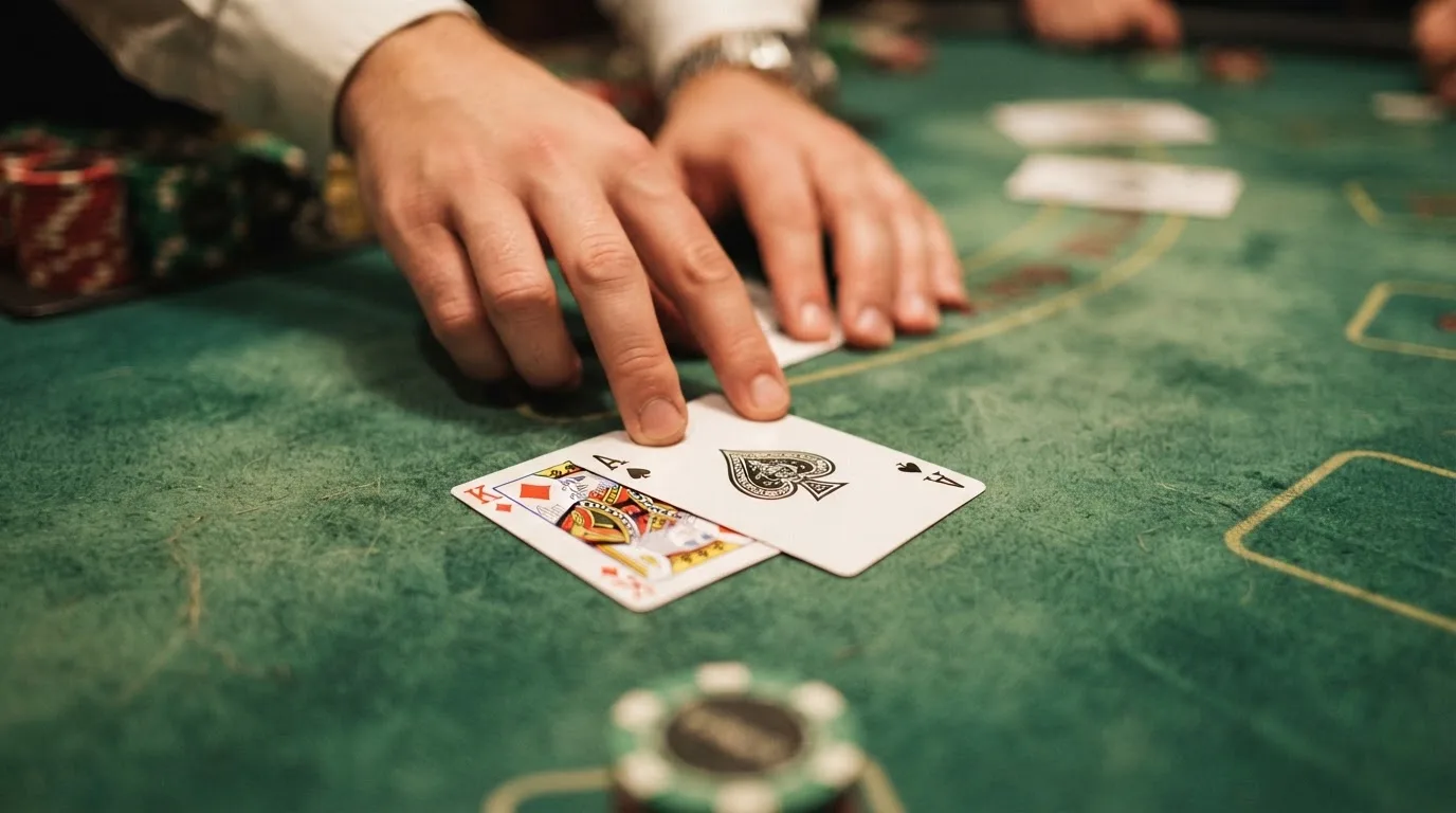 Detail rukou krupiéra rozdávajícího karty na zeleném sukně blackjackového stolu — eso a král jako blackjack