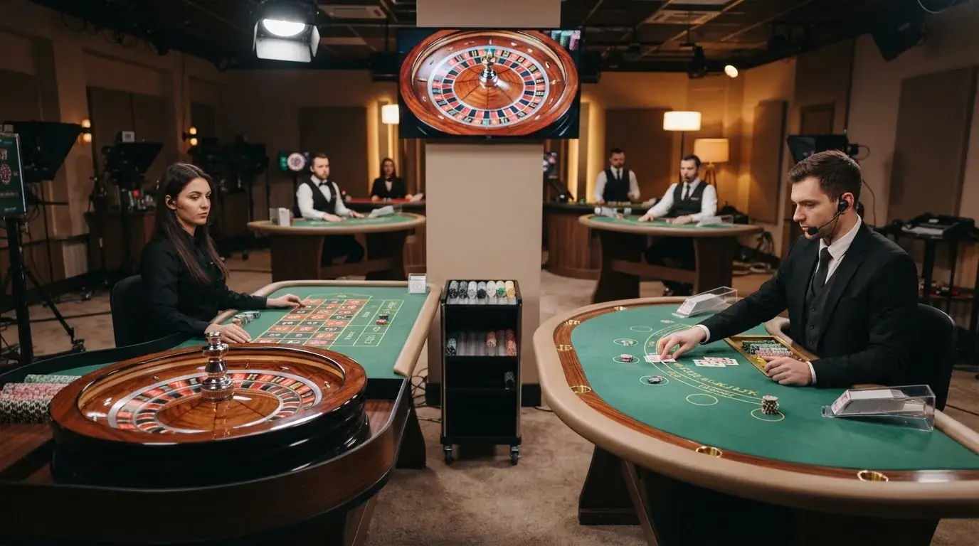 Detail rulety a blackjackového stolu vedle sebe při živé hře, krupiér rozdává karty, na pozadí studio s dalšími stoly