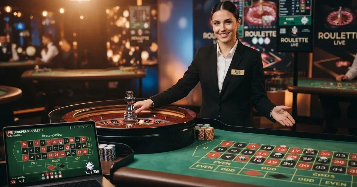 Živý krupiér u ruletového stolu v online casinu s hráčským rozhraním na obrazovce