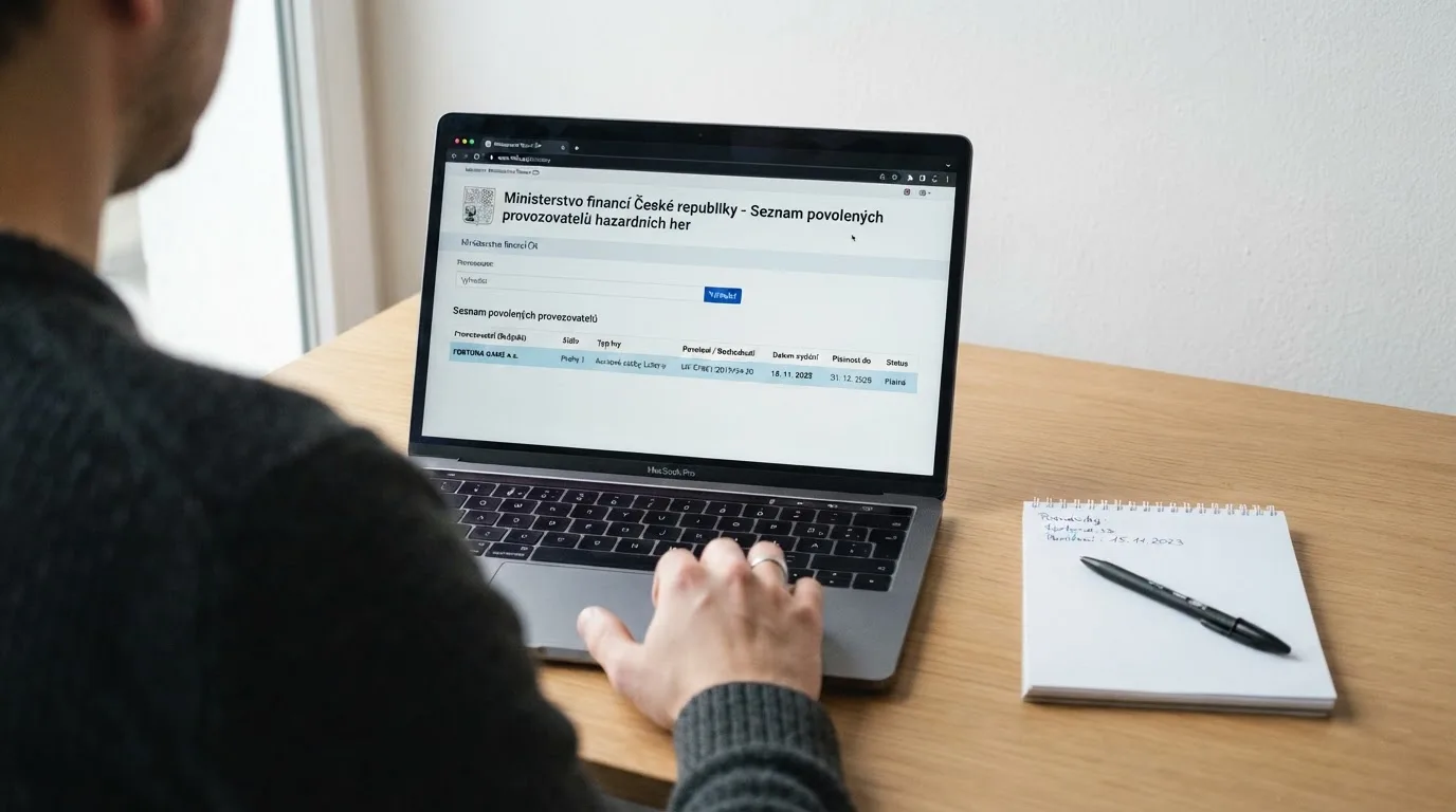 Výřez obrazovky s veřejným registrem Ministerstva financí ČR — detail licencované domény s datem vydání povolení