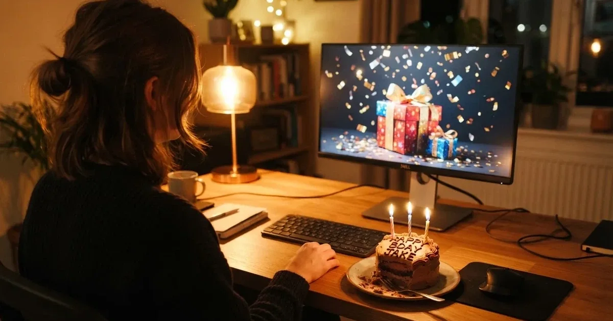Hráč u počítače s dárkem od online casina na obrazovce a narozeninovým dortem vedle klávesnice