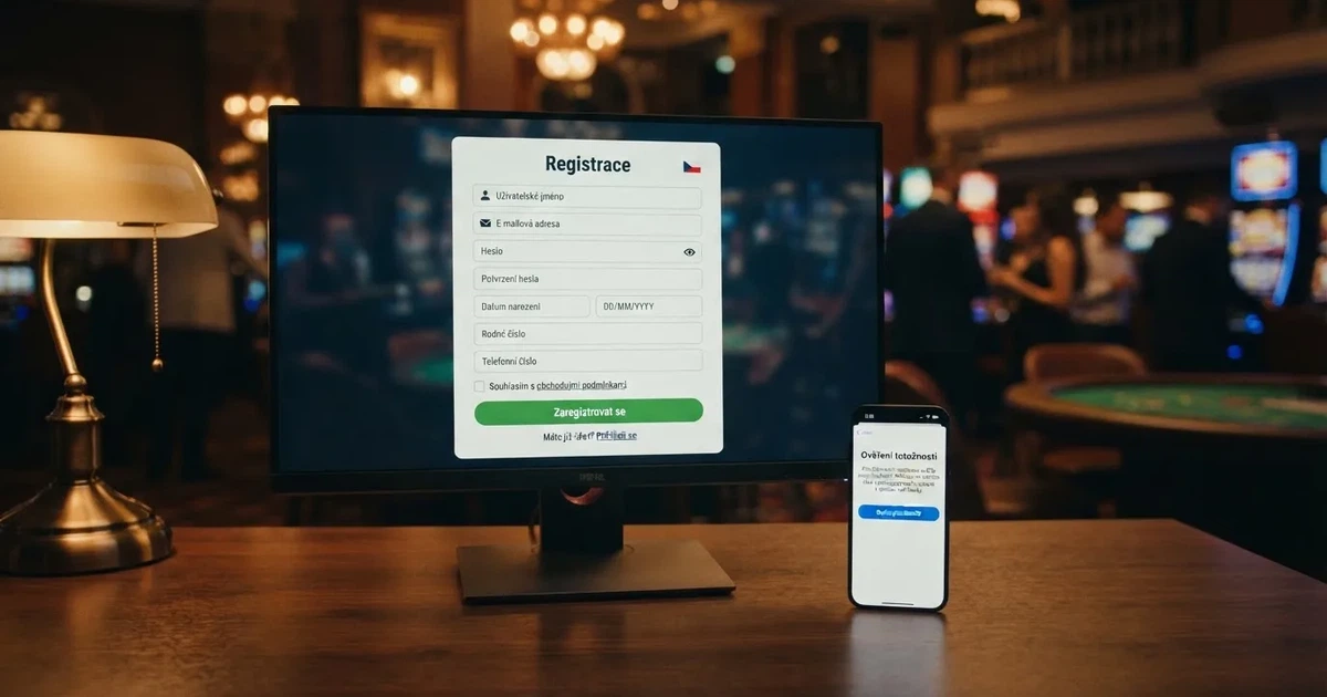 Registrační formulář na monitoru a vedle něj mobil s Bank iD — české online casino v pozadí