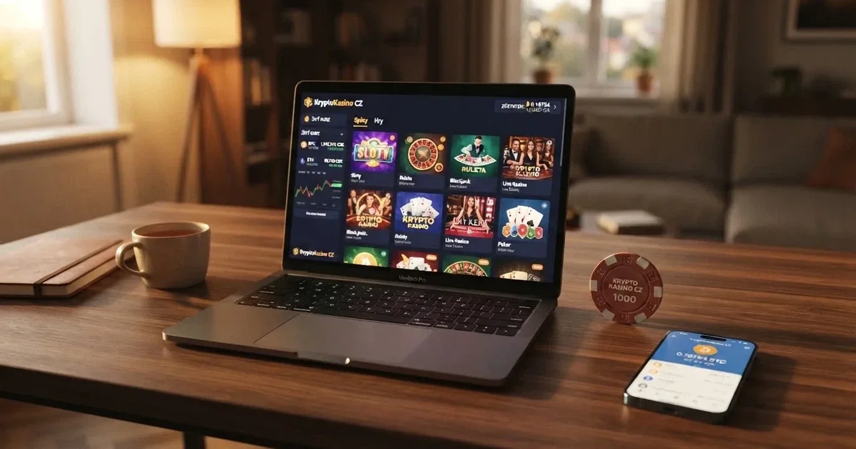 Rozhraní krypto kasina s kurzem BTC/CZK, herním lobby a ukazatelem zůstatku v bitcoinu