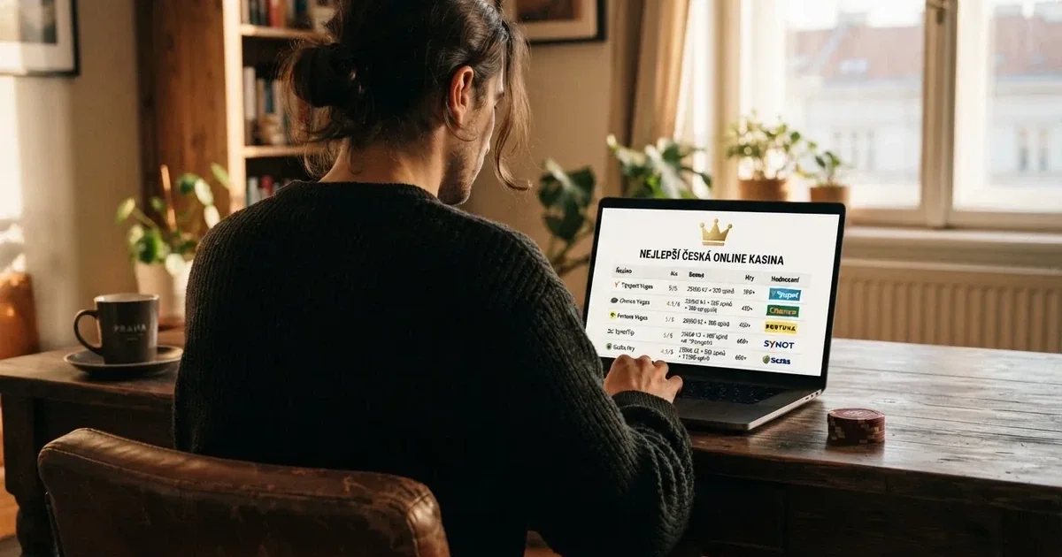 Hráč u notebooku vybírá online casino, na obrazovce srovnávací tabulka s logy provozovatelů a hodnocením