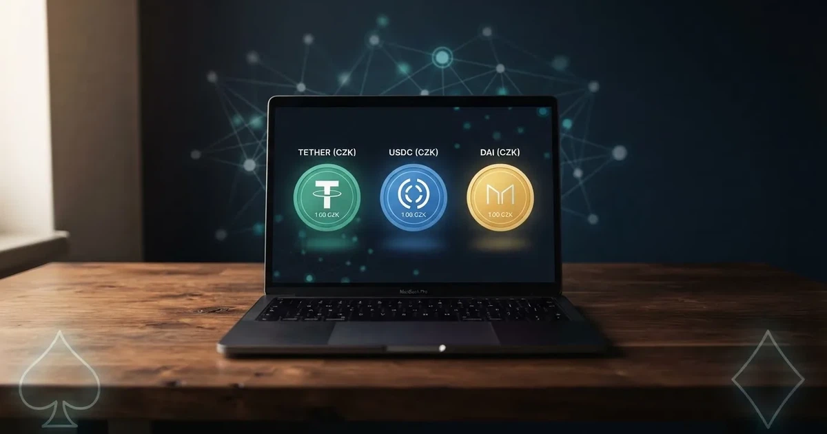 Stabilní USDT tokeny na displeji notebooku, v pozadí blockchainová síť a karetní symboly online kasina
