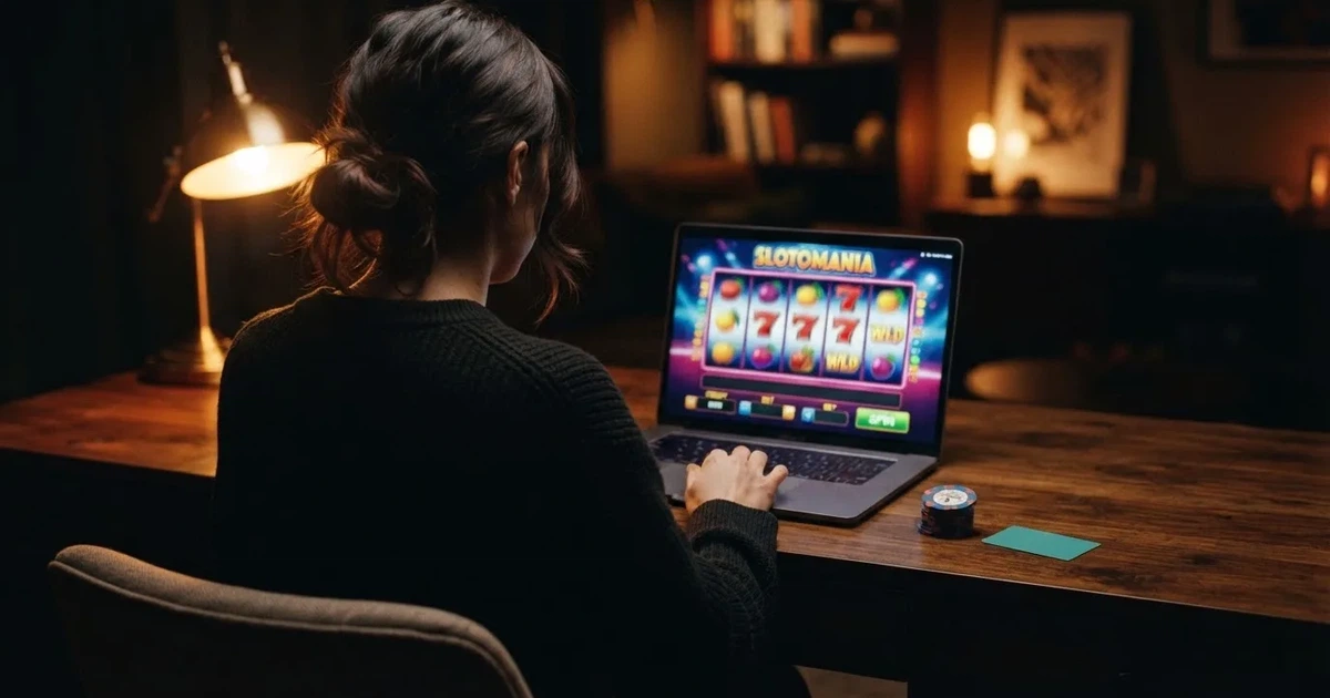 Hráč u notebooku vybírá online casino hru, na stole leží české bankovky a platební karta