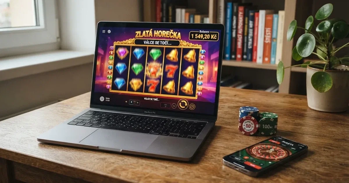 Přehledná srovnávací tabulka online kasin na obrazovce notebooku, vedle mince a platební karta v českých korunách