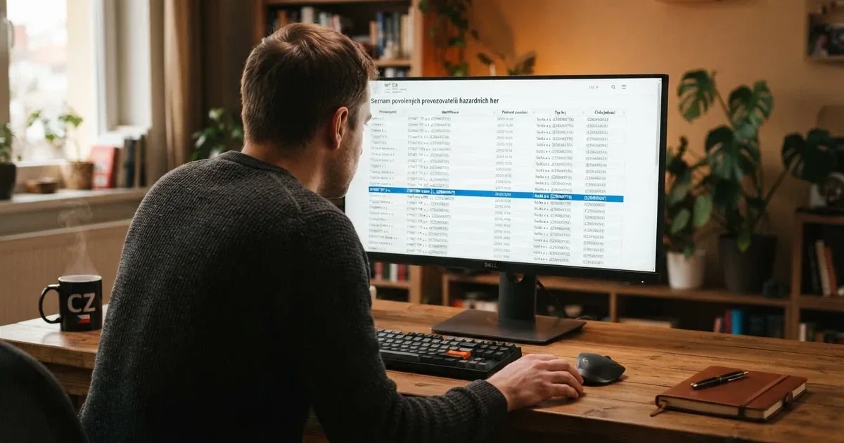 Český hráč před obrazovkou s registrem MF ČR na monitoru — rozhoduje se mezi dvěma výpisy licencí