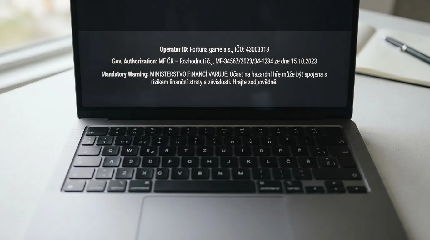 Detail obrazovky s patičkou webu licencovaného casina — zvýrazněné IČO, číslo základního povolení MF a povinné varování o závislosti
