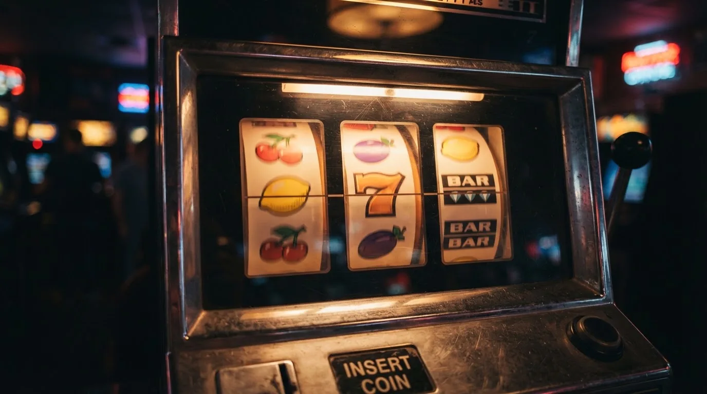 Tři válce klasického hracího automatu s ovocnými symboly — třešně, citróny, švestky, sedmička a BAR — v retro stylu