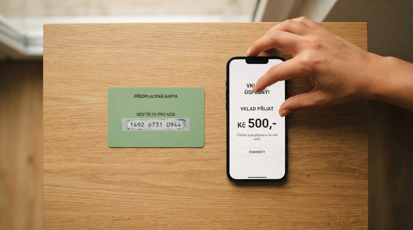 Plastová poukázka Paysafecard vedle chytrého telefonu s otevřenou stránkou vkladu v online casinu