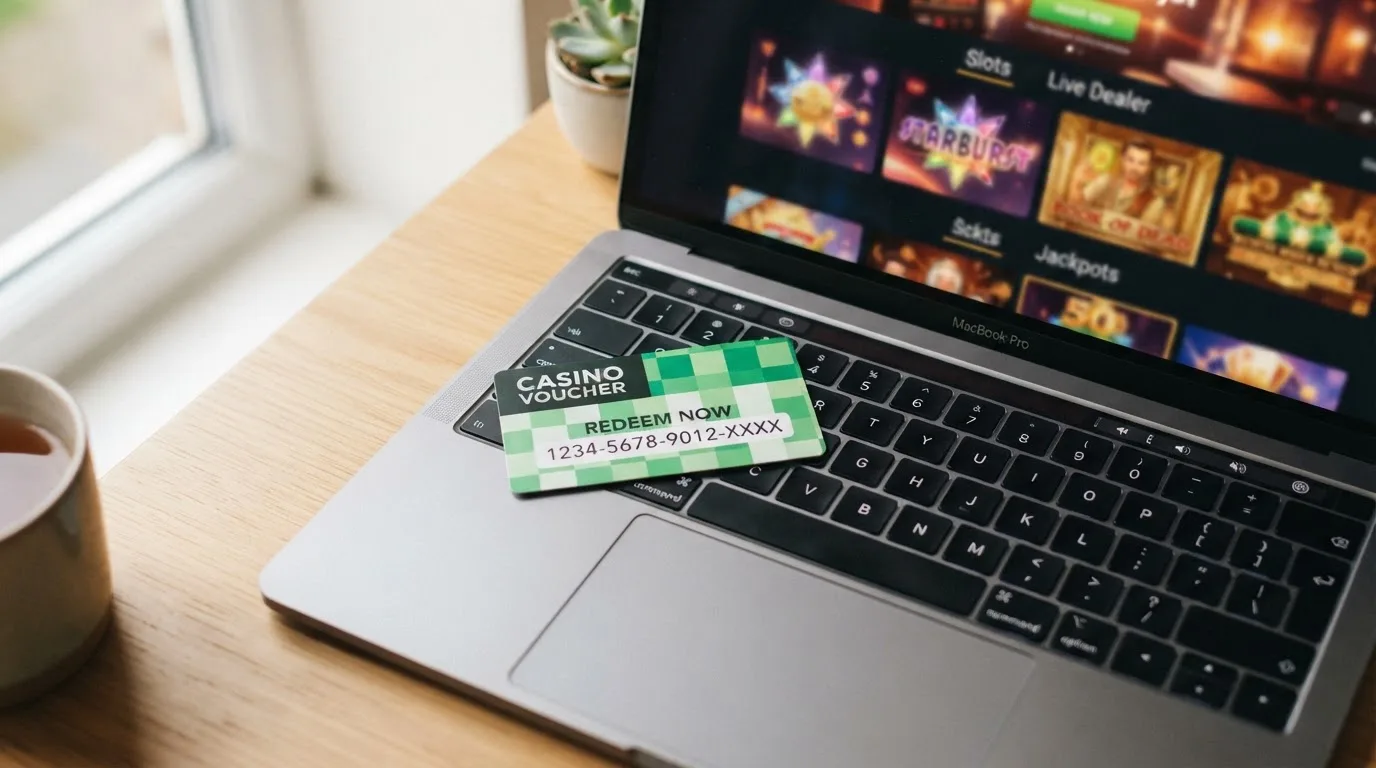 Paysafecard voucher v hodnotě 200 Kč položený na klávesnici s otevřenou stránkou online casina na pozadí