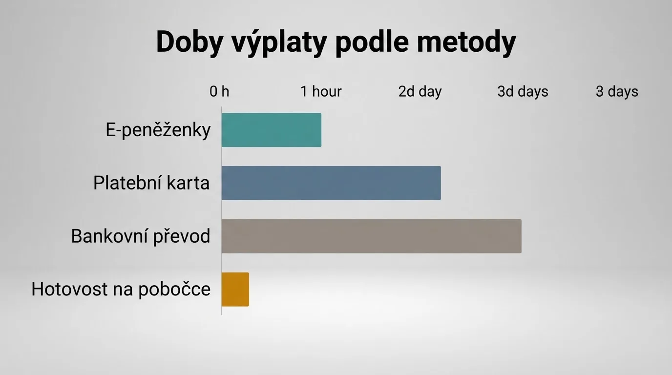 Přehledná infografika srovnávající platební metody podle času výplaty — od e-peněženek (hodiny) po bankovní převod (dny)