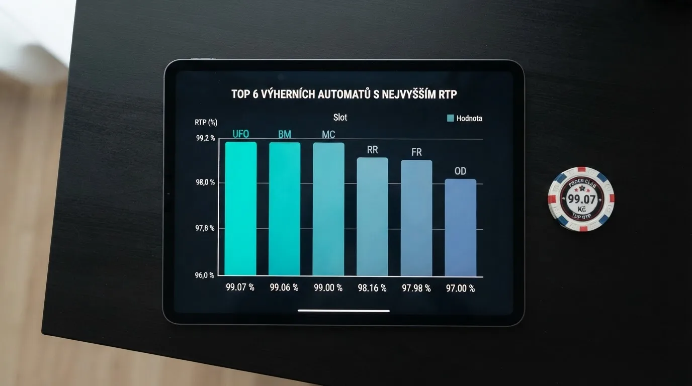 Mřížka s názvy automatů a hodnotami RTP od 99,07 % po 97,00 %