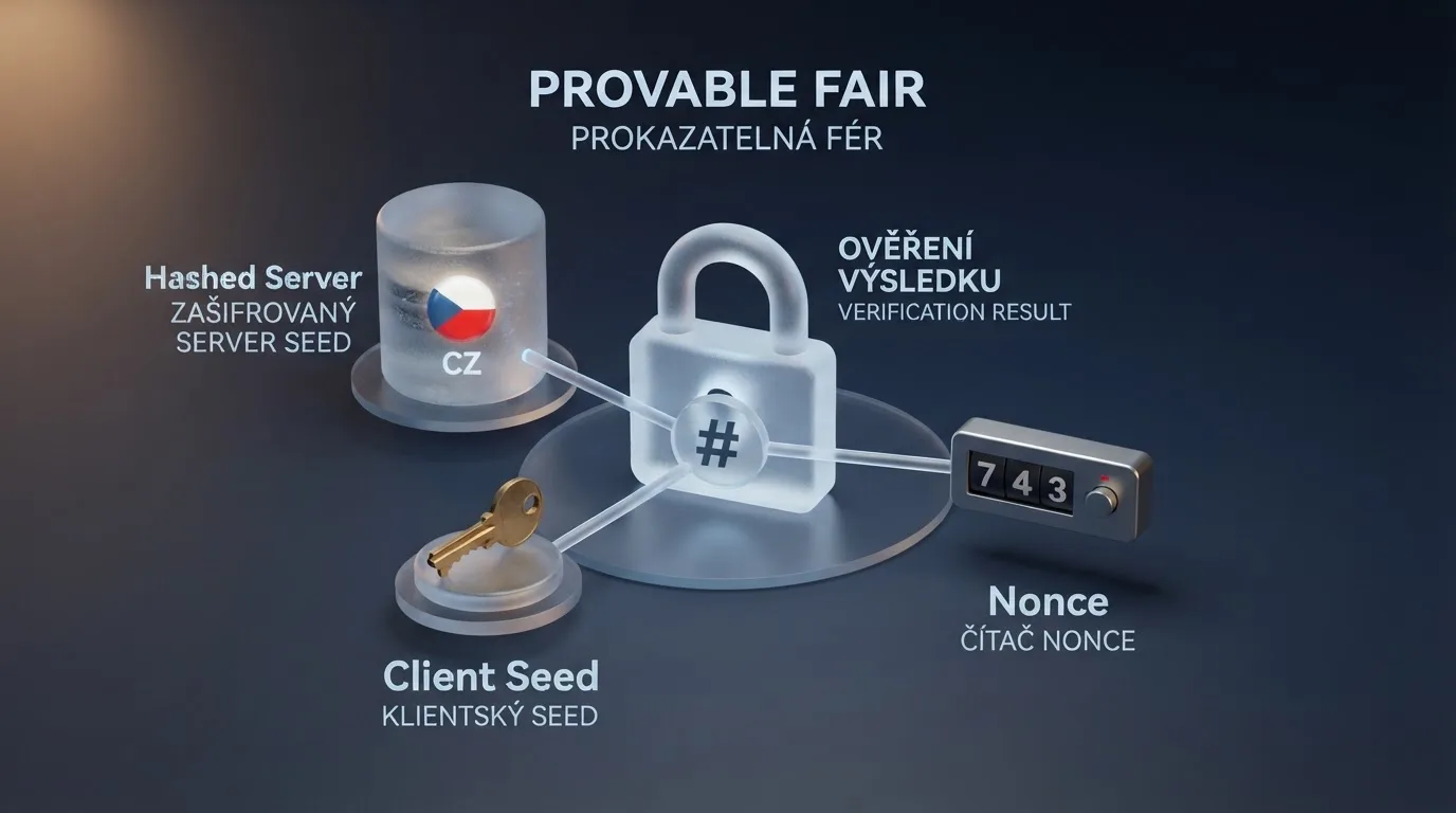 Schéma provably fair mechanismu se třemi prvky — server seed (hash), client seed a nonce — propojenými hashovací funkcí