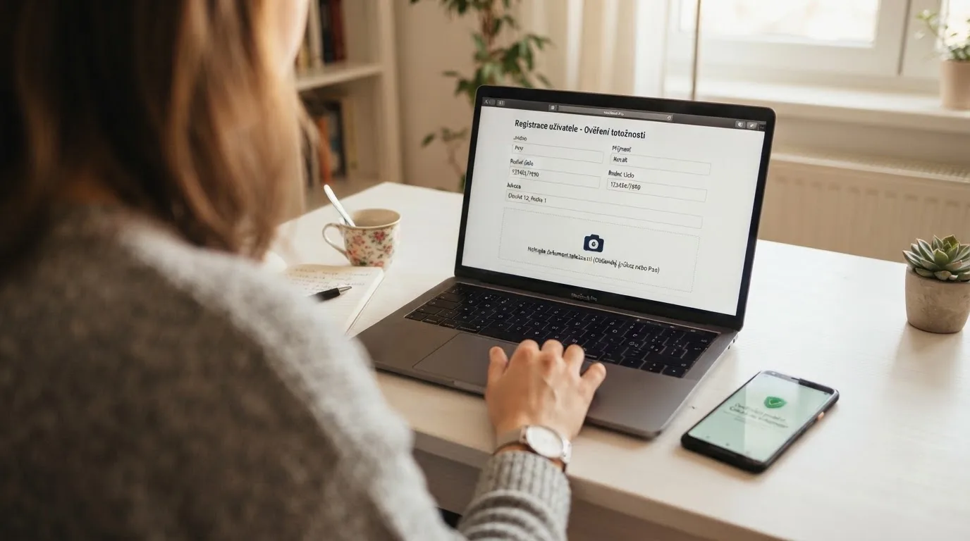 Hráč sedící u notebooku, na obrazovce formulář registrace do online kasina s polem pro nahrání dokladu totožnosti, vedle mobil s aplikací Bank ID