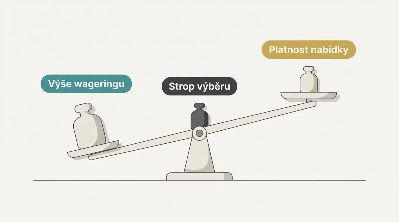 Jednoduchý diagram tří priorit — váhy se sklápějí od „Výše wageringu“ přes „Strop výběru“ po „Platnost nabídky“