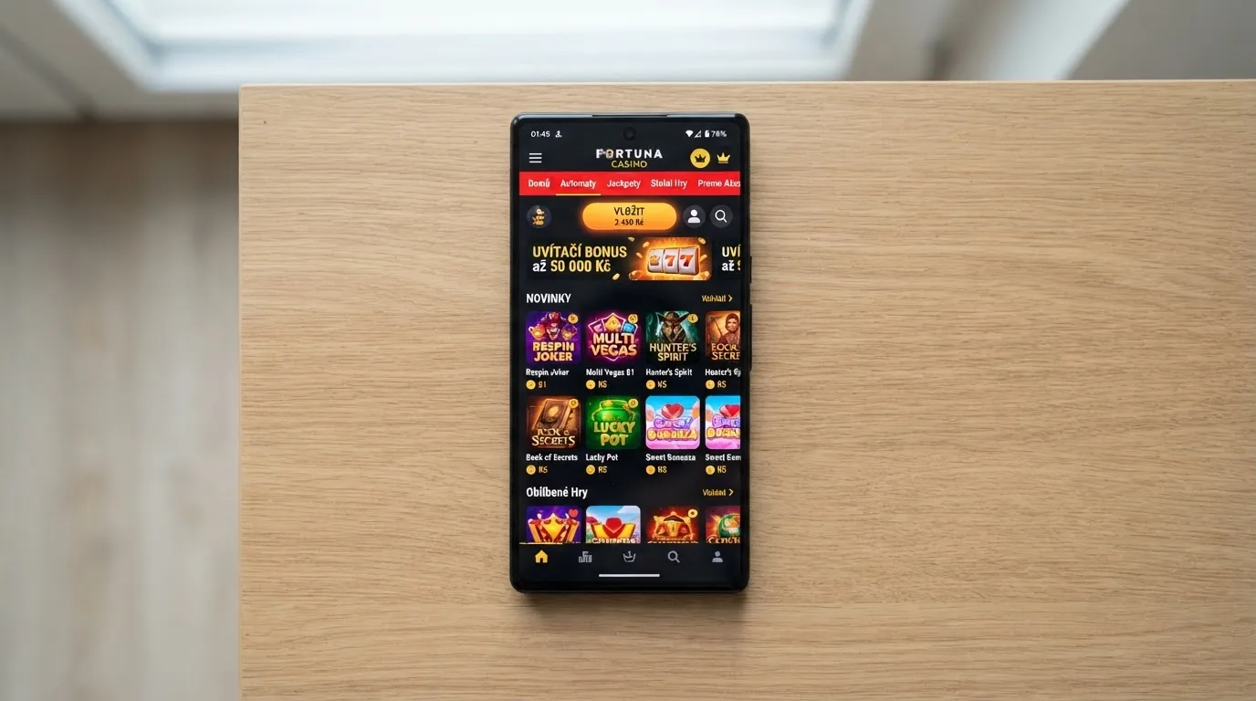 Obrazovka mobilního telefonu s rozhraním casino aplikace — viditelné menu, kategorie automatů a tlačítko vkladu