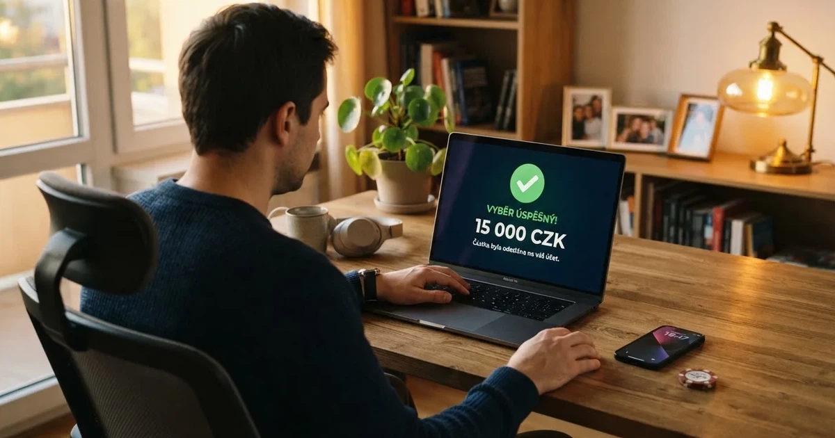 Hráč sedí u notebooku, na obrazovce potvrzení výběru z online casina, vedle leží platební karta a mobilní telefon