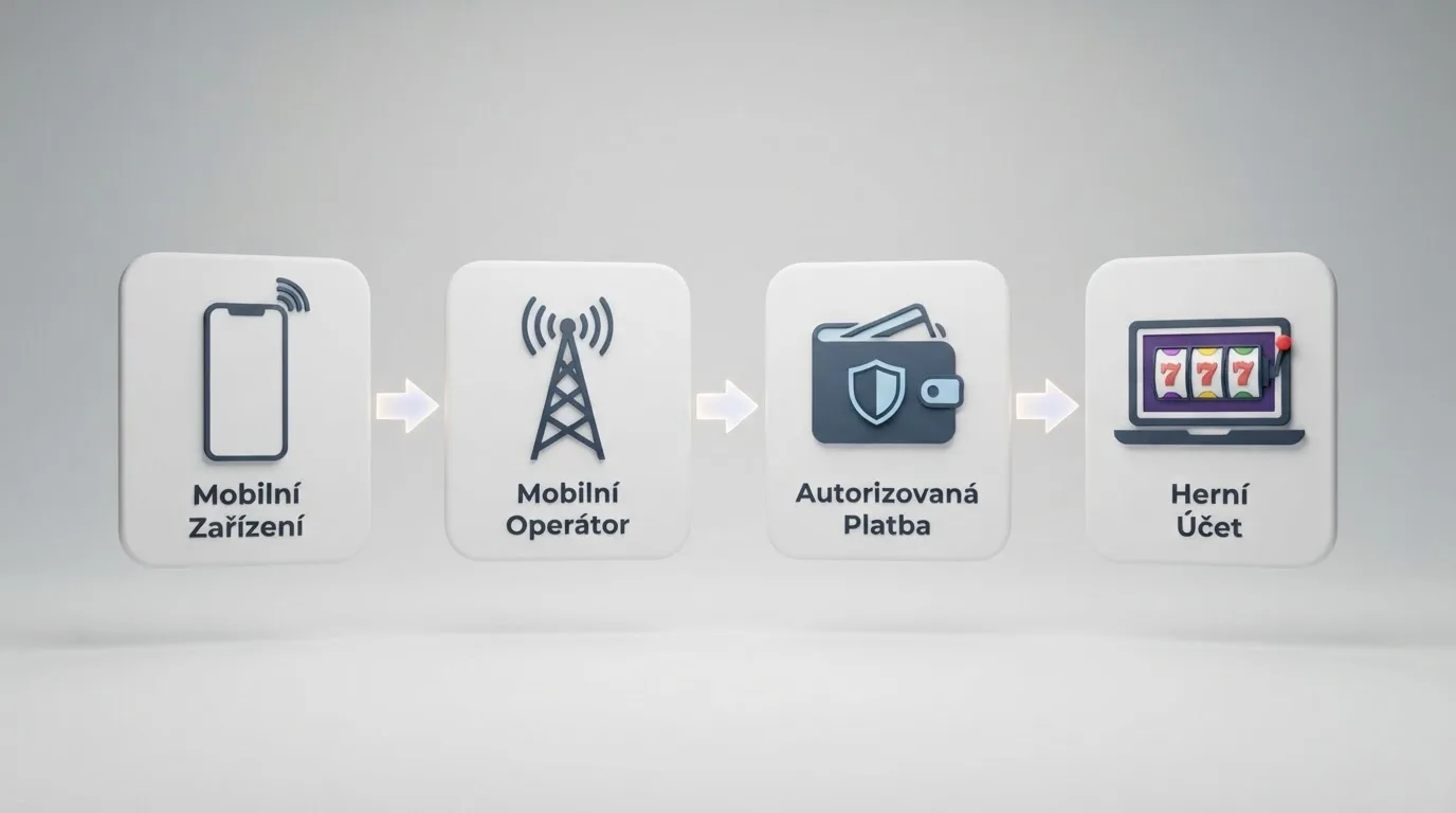Schéma nebo ilustrace znázorňující cestu SMS vkladu: mobilní telefon → operátor → NeteraPay → herní účet casino