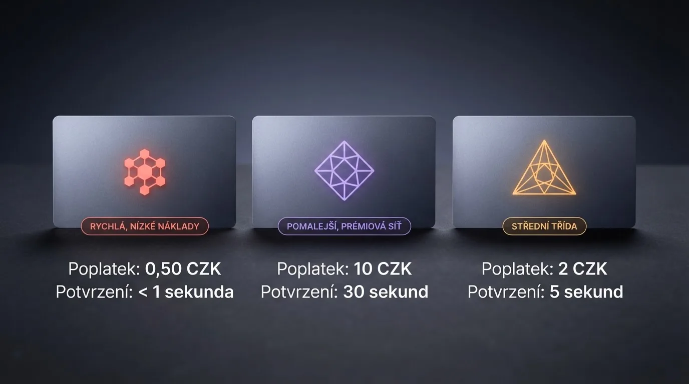 Srovnání tří log blockchainů — Tron, Ethereum a BSC — s poplatky a časy potvrzení vedle každé sítě