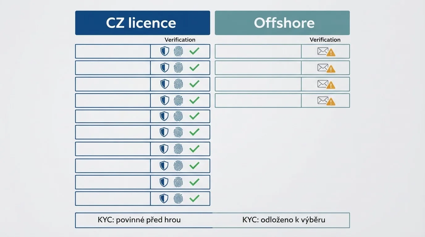 Logo nebo výřez srovnávací tabulky zvýrazňující sloupce licence a ověření — CZ řádky se symbolem BankID, offshore řádky se symbolem e-mailu