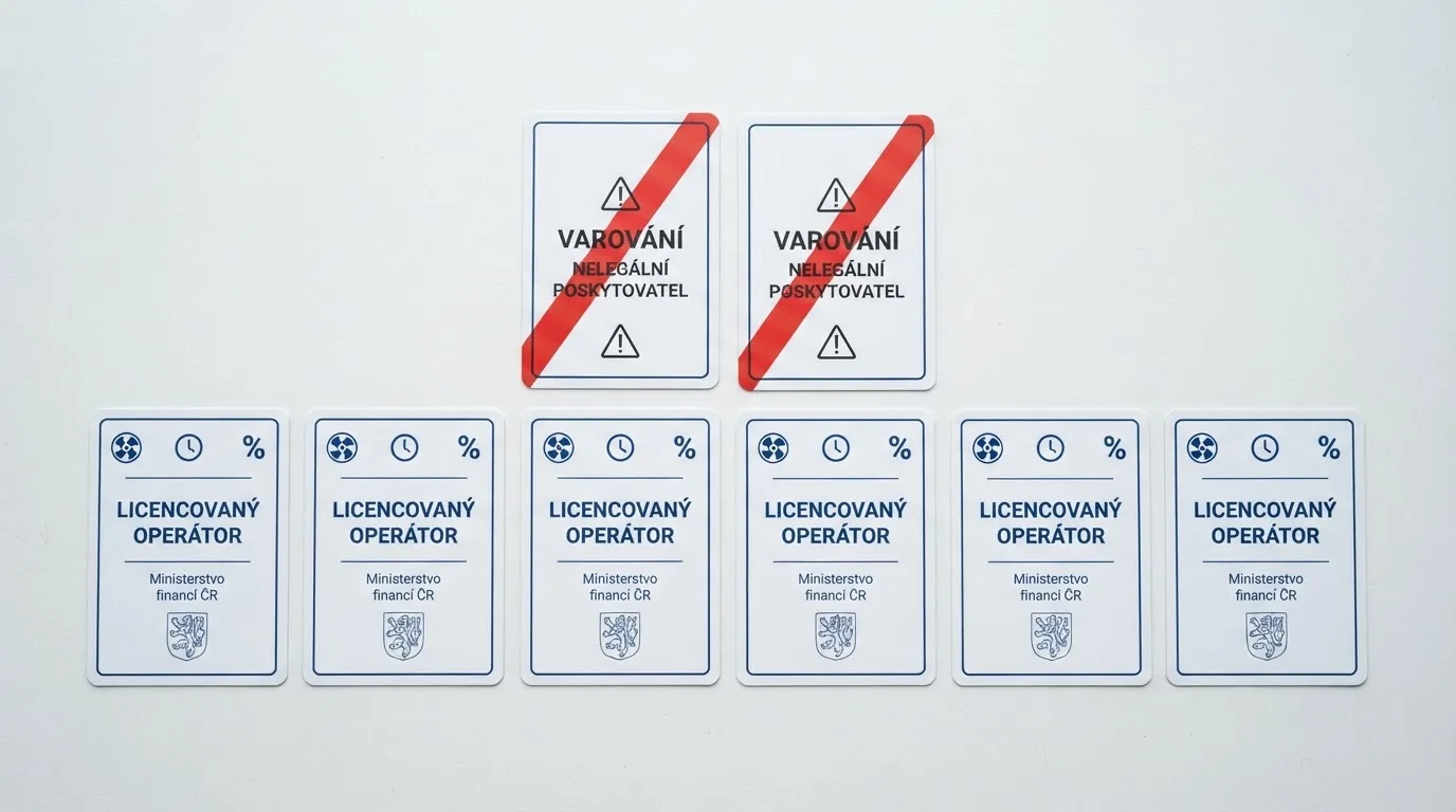 Rozložené karty osmi operátorů s CZ licencí v popředí a dvě karty s varovným pruhem vzadu — každá nese symboly free spinů, hodin a procent