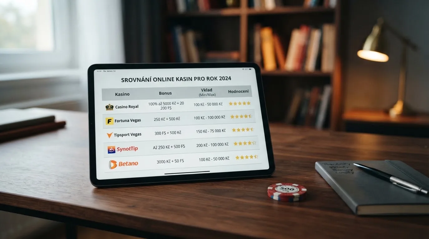 Srovnávací tabulka deseti českých online casin s údaji o minimálním vkladu, bonusu a datu licence