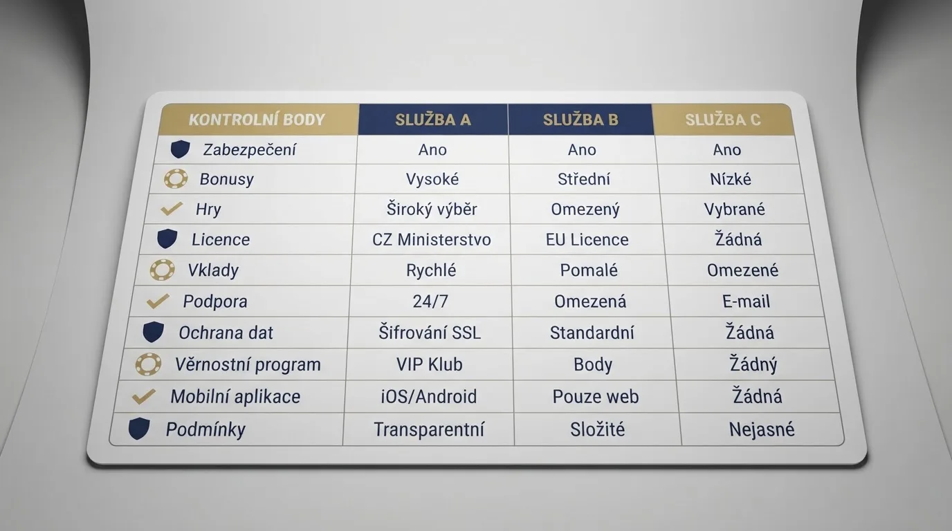 Rozložená srovnávací tabulka s logy deseti offshore casin a jejich klíčovými parametry