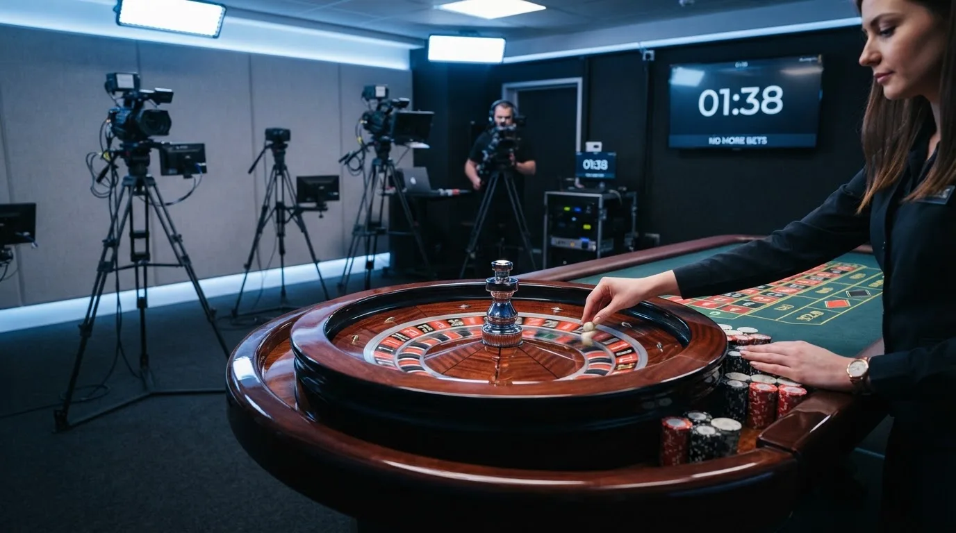 Interiér živého studia Evolution Gaming s ruletovým stolem a krupiérem v prostorách Kajot Intacto Praha