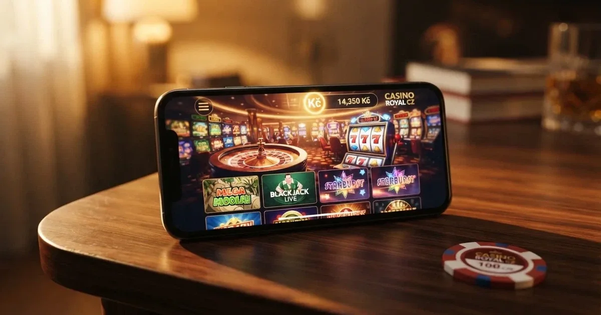 Mobilní telefon s otevřenou casino aplikací, na obrazovce viditelná herní lobby s automaty, vedle něj česká koruna
