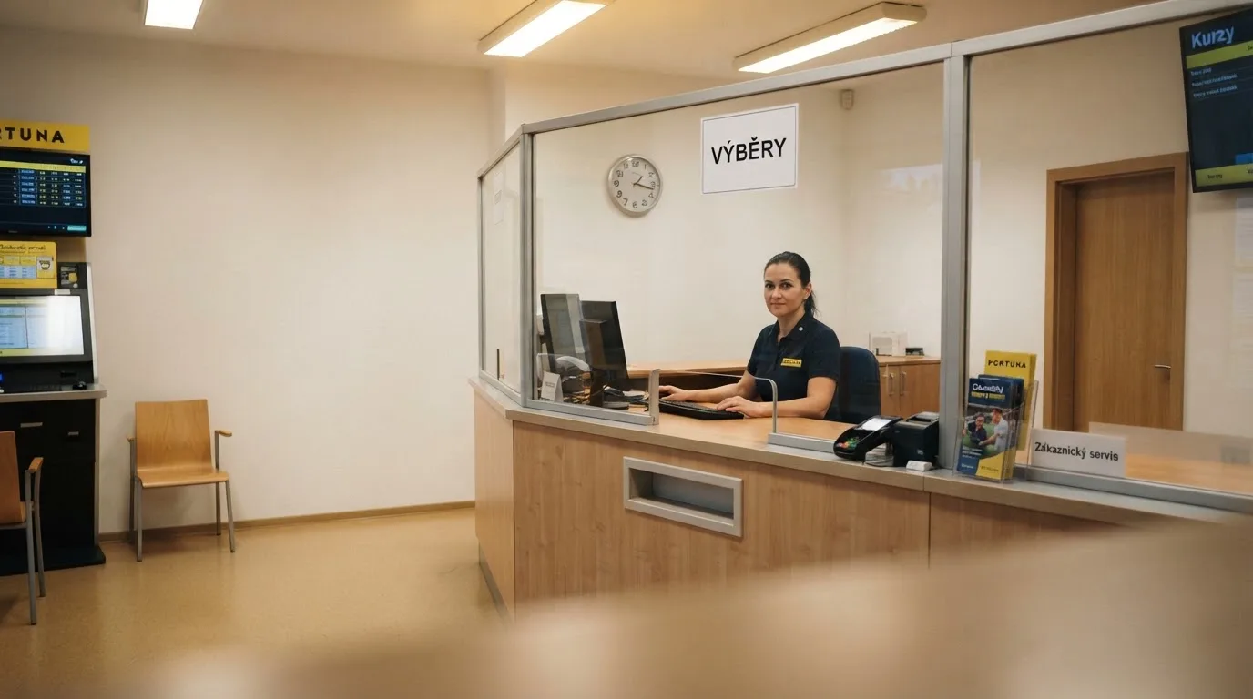 Interiér kamenné pobočky sázkové kanceláře s přepážkou pro hotovostní výplatu výher