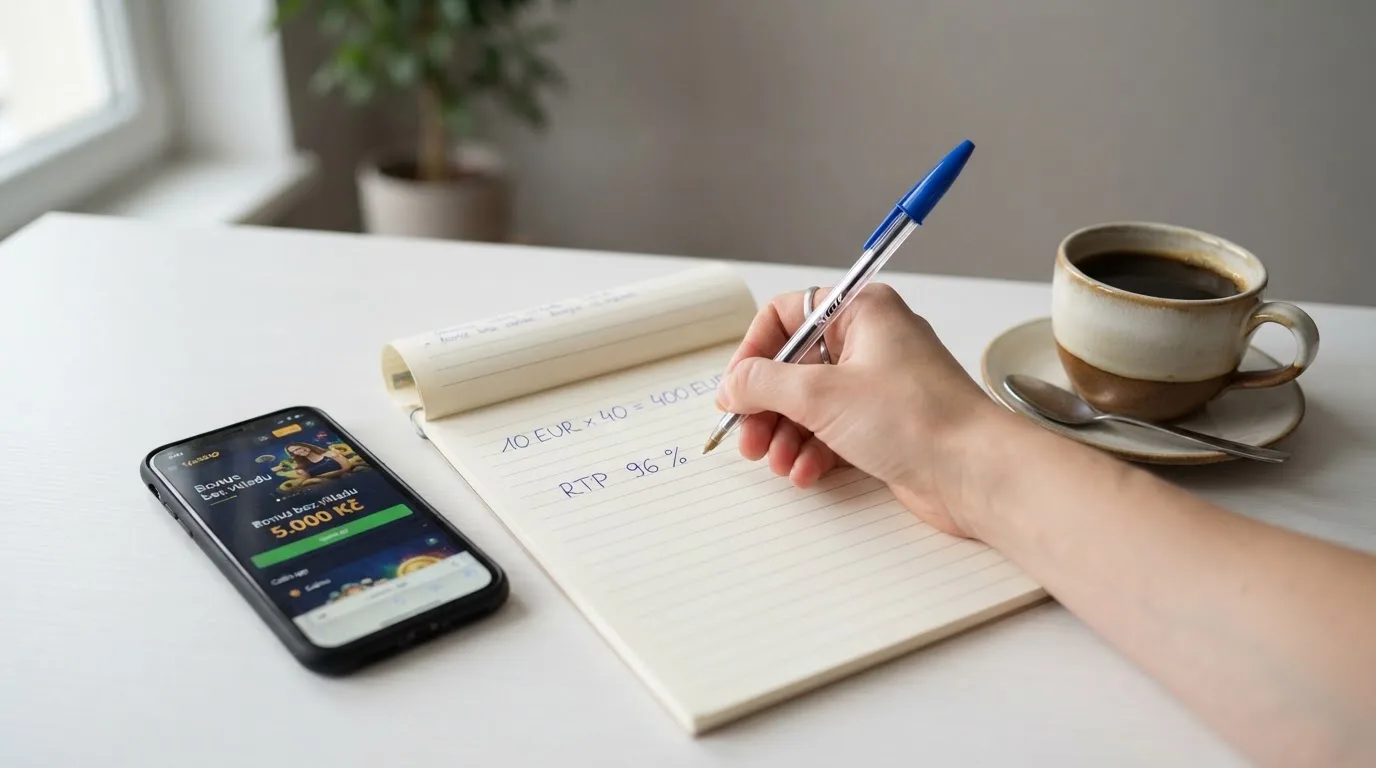 Kalkulačka na displeji mobilu ukazující rovnici 10 EUR × 40 = 400 EUR — ilustrace výpočtu nutného obratu u typického no-deposit bonusu